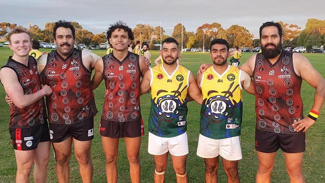 Indigenous players Zane Barry, Owen Love, Anthony Long, Jacob Cook, Everitte Giles, Ray Love at the Jervois v Mannum RMFL Indigenous Round match. Picture: Supplied