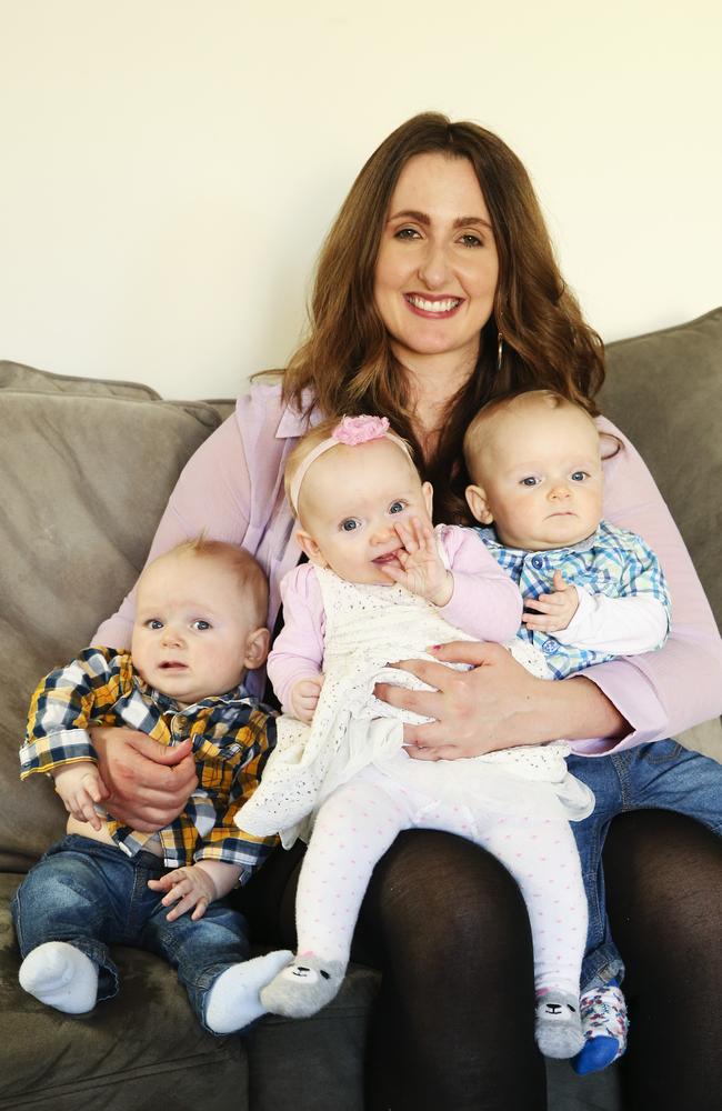 With four children under the age of three, Lanai Scarr (with her triplets James, Edith, and Nathaniel, seven months) says a sense of domestic order is crucial. Picture: Justin Lloyd