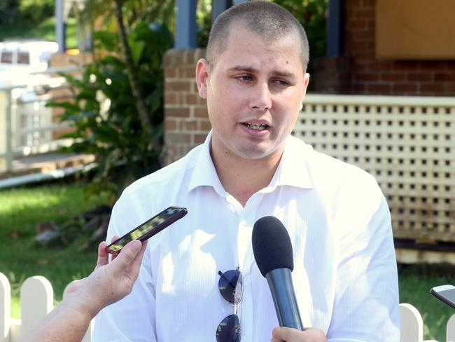 Michael Martin Junior making a public appeal for help to solve his father’s murder outside Murwillumbah Police Station on the morning he died. Picture: Richard Gosling