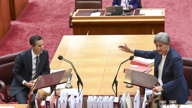 Senator Simon Birmingham and Senator Penny Wong trade barbs over the guillotine. Picture: NCA NewsWire / Martin Ollman