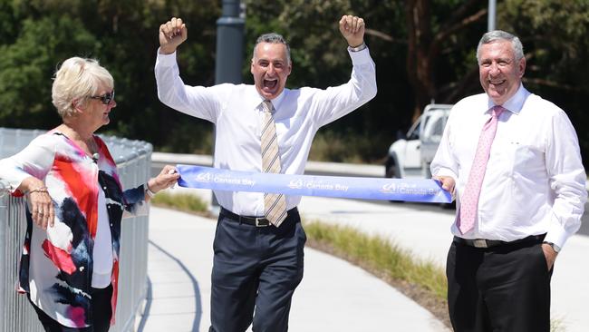 Roads Minister Duncan Gay (right), Mayor of Canada Bay Helen McCaffrey (left) and Drummoyne MP John Sidoti officially open the $2.25m Bay Run enhancement project. Picture: Craig Wilson