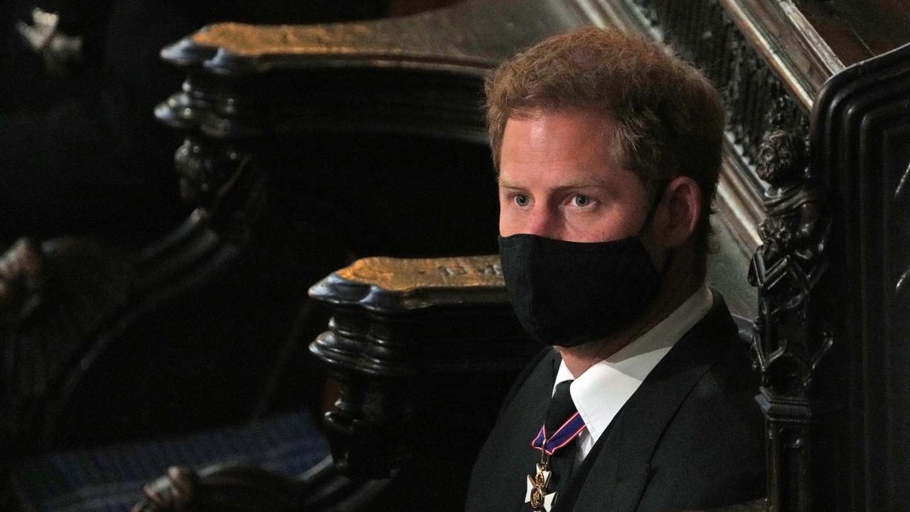 Prince Harry, Duke of Sussex attends the funeral of Prince Philip, Duke of Edinburgh in St George’s Chapel at Windsor Castle. Picture: Getty