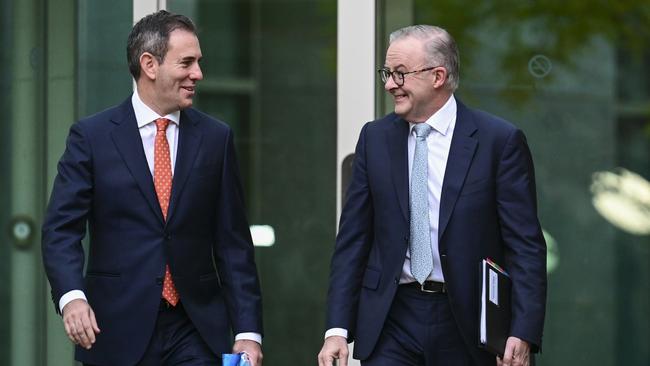 ]Prime Minister Anthony Albanese and Treasurer Jim Chalmers arrive for media interviews at Parliament House in Canberra. Picture: NCA NewsWire / Martin Ollman