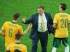 MELBOURNE, AUSTRALIA - JANUARY 09: Ange Postecoglou, coach of the Socceroos congratulates Matthew Spiranovic and Trent Sainsbury after the 2015 Asian Cup match between the Australian Socceroos and Kuwait at AAMI Park on January 9, 2015 in Melbourne, Australia. (Photo by Scott Barbour/Getty Images)