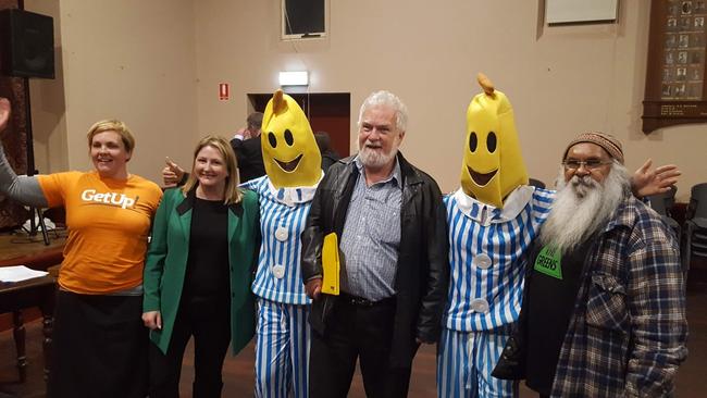 Centre Alliance Mayo candidate Rebekha Sharkie (in green), with Labor candidate Reg Coutts (centre), Greens candidate Major "Moogy" Sumner (right), the “Bananas in Pyjamas” and a Get Up member, in a picture distributed by Get Up. Picture: Supplied.