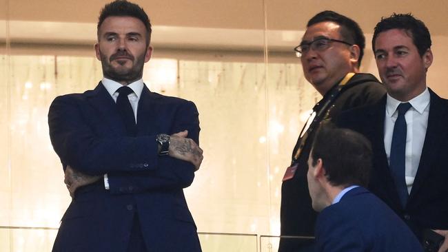 Former England football star David Beckham watches the World Cup quarter-final match between England and France at the Al-Bayt Stadium in Al Khor. Picture: AFP