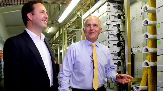 Malcolm Turnbull with Member for Moncrieff Steven Ciobo at a Mermaid Waters Telstra exchange. Picture: Tim Marsden