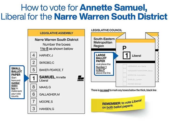 The Liberal how-to-vote card for Narre Warren South, with Mr Baker-Pearce in their list of preferences. Picture: Twitter