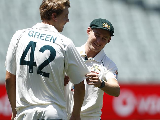 Cameron Green and Labuschagne share a laugh before the first Test in Adelaide.