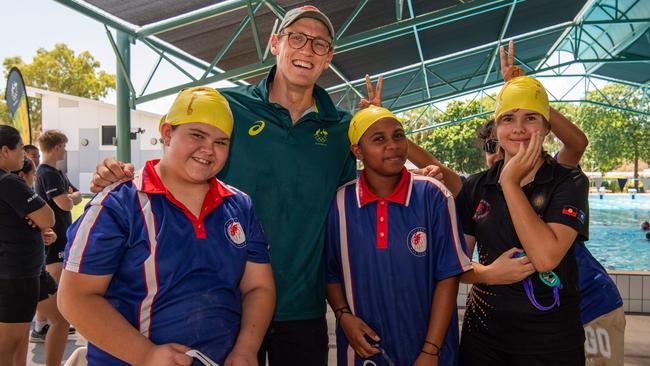 Lawkatah Williams, Mack Horton, Laura Douglas and Hunter Rosewood as Olympians and scholarship coaches run training sessions for Katherine youth at RAAF Base Tindal. Picture: Pema Tamang Pakhrin