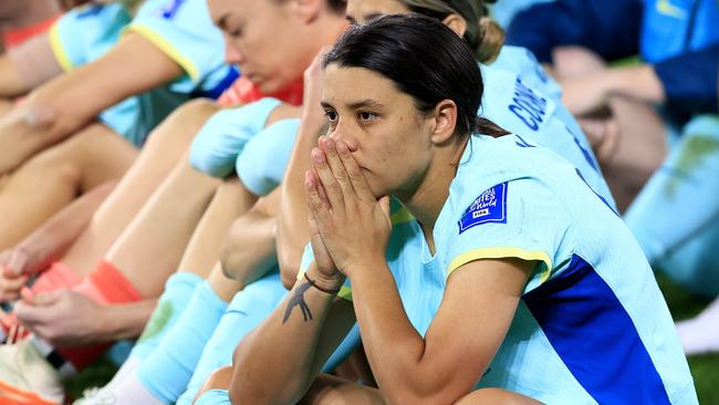 Sam Kerr and her team watch as Sweden get 3rd place medals after the FIFA WomenÃs World Cup 3rd place playoff between Australia and Sweden at Suncorp Stadium in Brisbane. Pics Adam Head