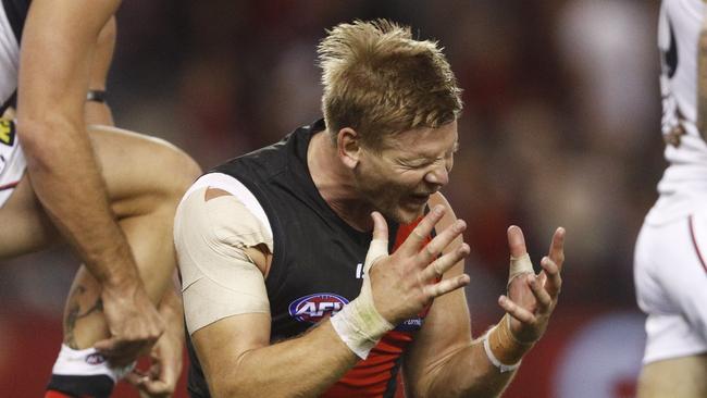 Essendon defender Michael Hurley shows his frustration during the Bombers’ loss. Picture: AAP