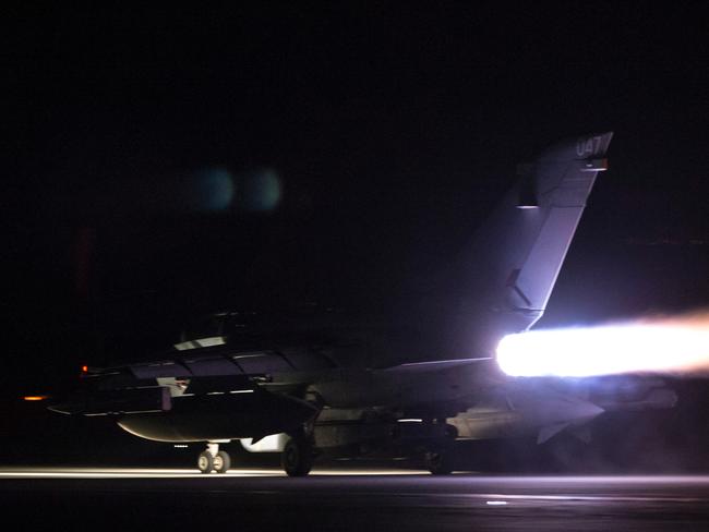 In this image released by Britain's Ministry of Defence, RAF Tornados take off from at Britain Royal Air Force base in Akrotir.