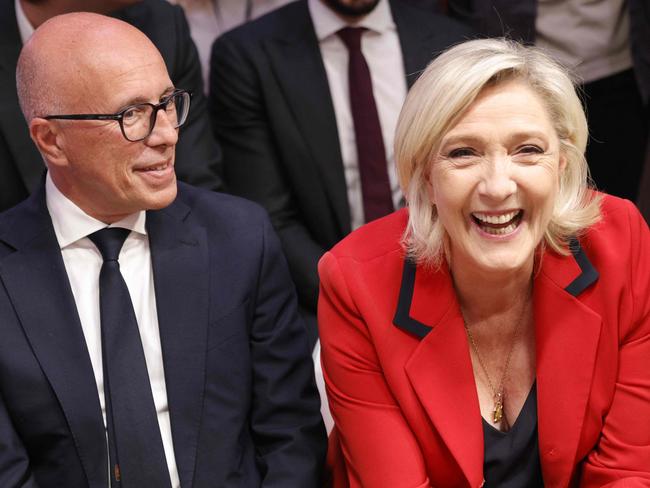 Marine Le Pen and Les Republicains right-wing party president Eric Ciotti attend a press conference. Picture: AFP.