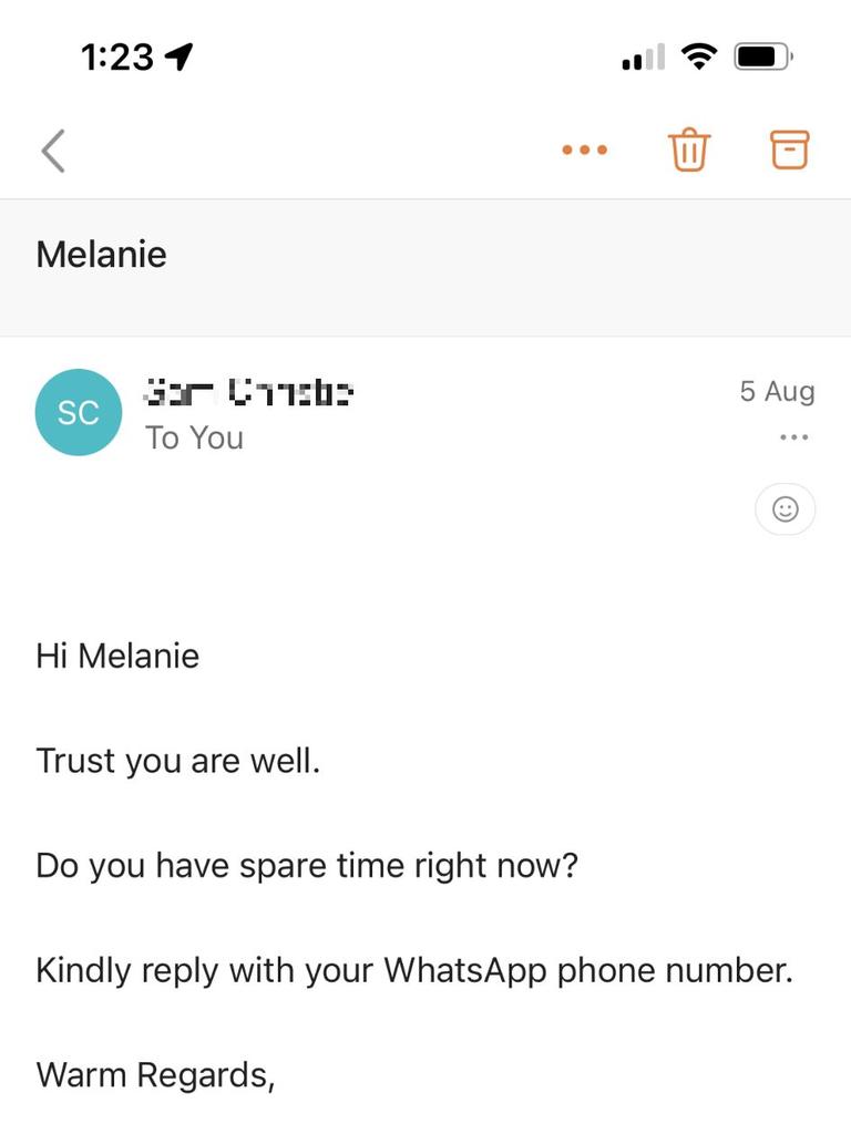 The initial email exchange received by Ms Albert simply asked for her WhatsApp number.