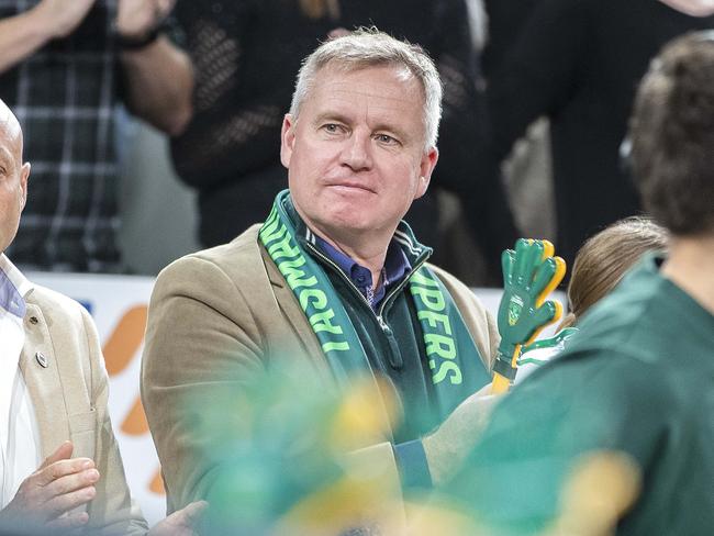 JackJumpers owner Larry Kestelman and Tasmanian Premier Jeremy Rockliff at the JackJumpers grand final series against the Sydney Kings at MyState Bank Arena. Picture: Chris Kidd