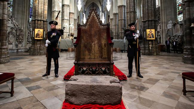 Guards stand by the Stone of Scone in Westminster Abbey. Picture: Susannah Ireland/Pool/Getty Images