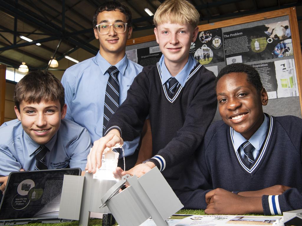 St Mary's College team members (from left) Mack Warden, Qusay Yacoub, Lachlan See and Andrew Kavuala with their hand sanitiser solution from stopping gems spreading between humans and animals at the STEM advanced manufacturing Makers Empire schools showcase at The Salo Centre, St Ursula's College, Monday, November 4, 2024. Picture: Kevin Farmer