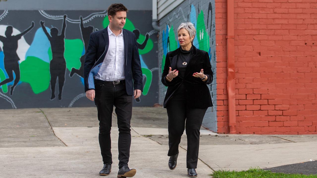 Tasmanian Labor leader Dean Winter with Mayor of Glenorchy, Sue Hickey at Cosgrove High School on Sunday 21st July 2024 talking about the UTAS move to the City of Hobart. Picture: Linda Higginson