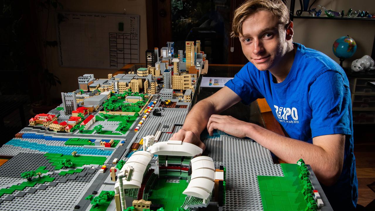 Lego whiz Connor Brennan, 17, is working on a model of Adelaide. Picture: Tom Huntley