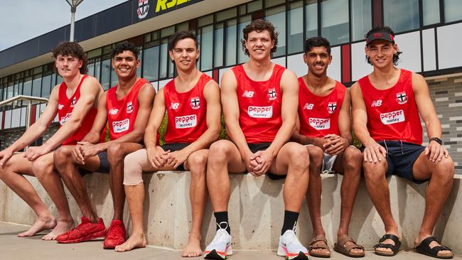 Kyle, second from the left, was a rookie at St Kilda. (Photo by Graham Denholm/AFL Photos/Getty Images)