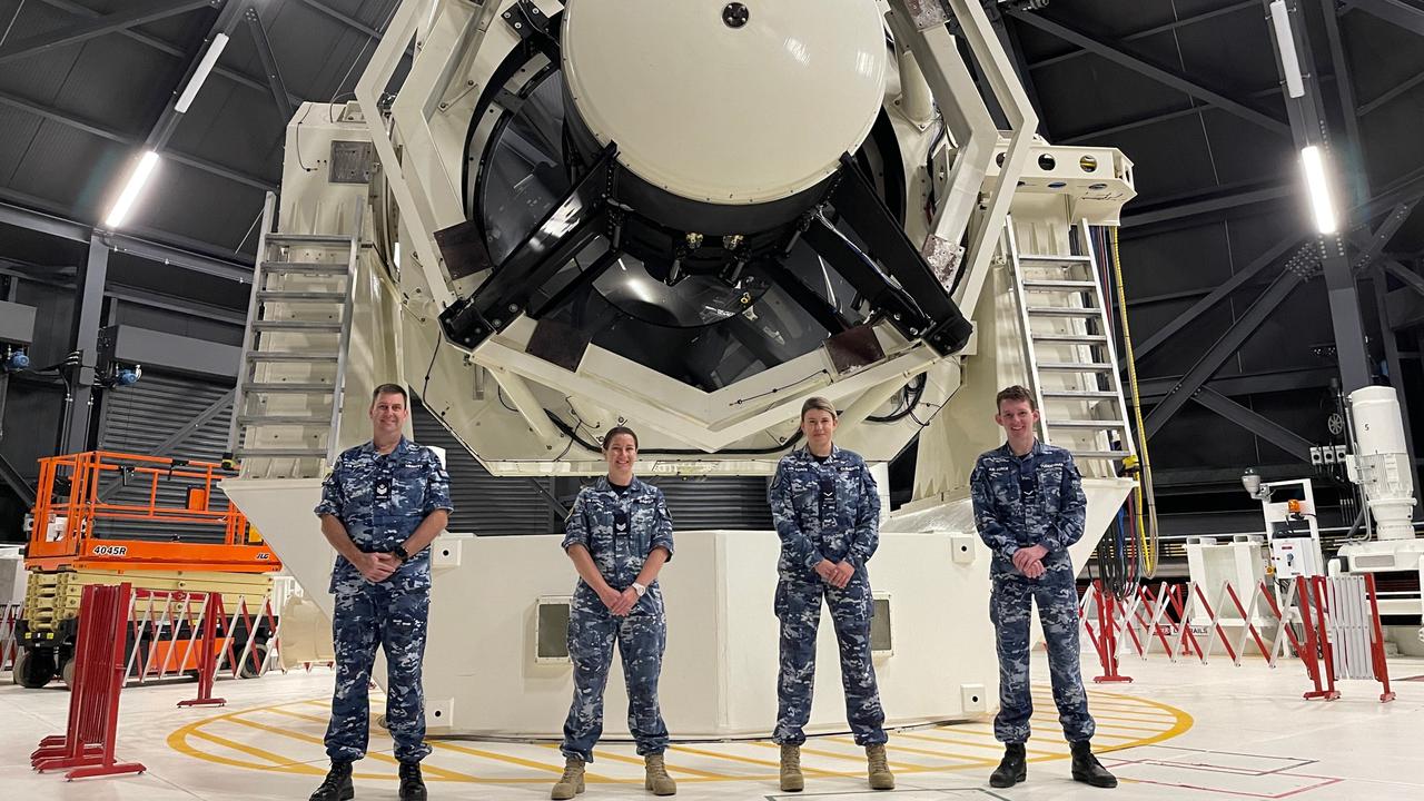 Air Surveillance Operators from No. 1 Remote Sensor Unit, Flight Sergeant Peter Merritt, Sergeant Emma Barker, Leading Aircraftwoman Amy Clements and Leading Aircraftman Corey Tuddenham, at the RAAF’s Space Surveillance Telescope at the Harold E Holt Communication Station in Exmouth, Western Australia.