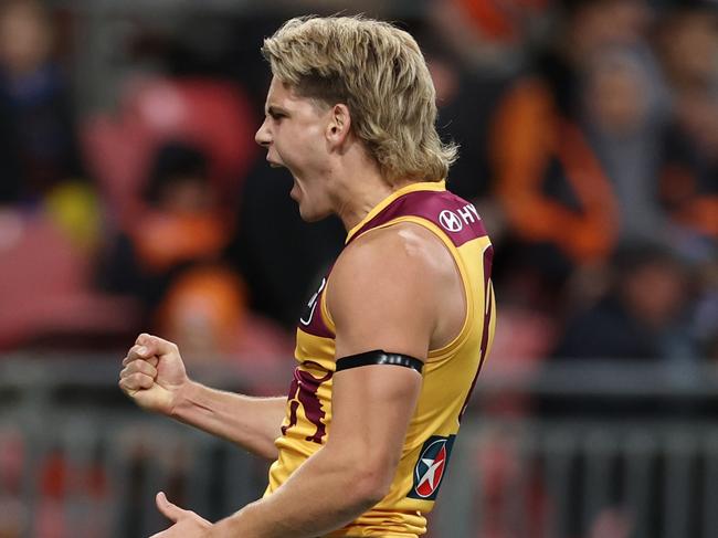 SYDNEY, AUSTRALIA - SEPTEMBER 14: Will Ashcroft of the Lions celebrates kicking a goal during the AFL First Semi Final match between GWS Giants and Brisbane Lions at ENGIE Stadium on September 14, 2024 in Sydney, Australia. (Photo by Cameron Spencer/Getty Images)