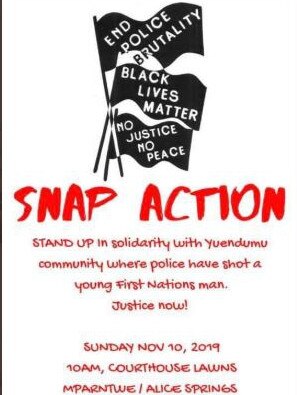 A notice for a snap action in Alice Springs in support of the Yuendumu community. Picture: Twitter