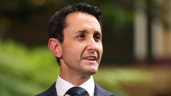 Queenslands new Premier David Crisafulli speaks to media at Parliament House on Sunday morning. Picture Lachie Millard