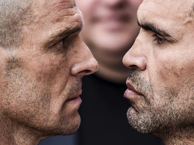 John Wayne-Parr and Anthony Mundine face off during the weigh in ahead of their bout. (Photo by Albert Perez/Getty Images)