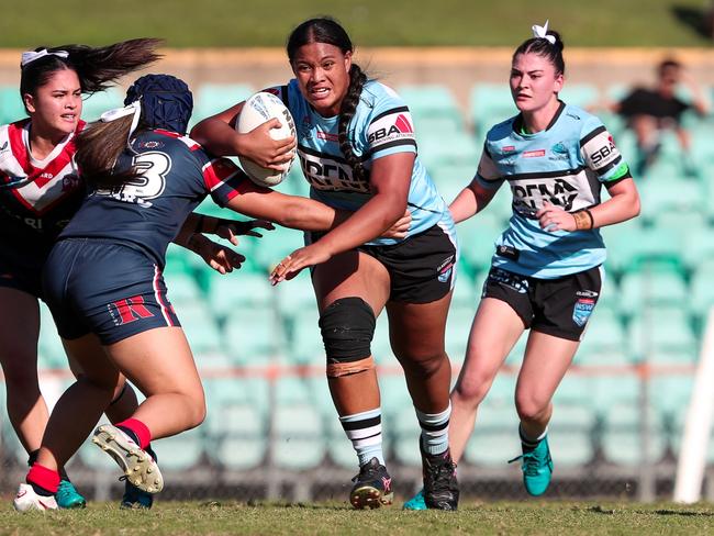 One of numerous damaging charges by Sharks prop Koreti Leilua. Picture: Adam Wrightson Photography