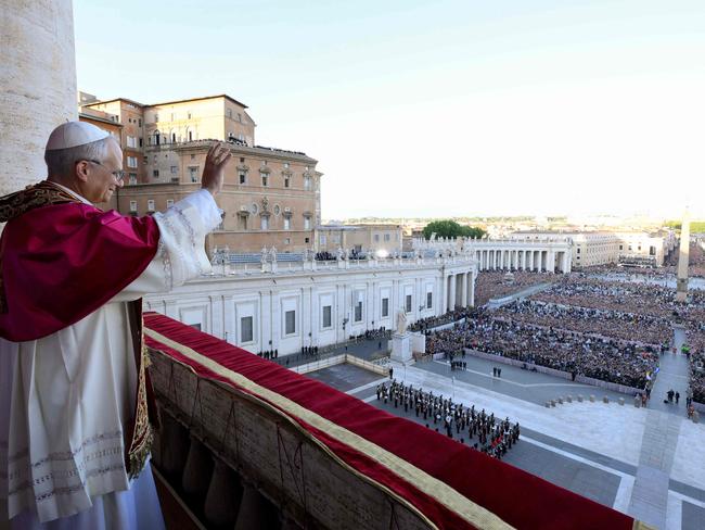 Pope Leo XIV, Robert Prevost addressing the crowd from the main central loggia balcony of the St Peter's Basilica for the first time. Picture: Handout / VATICAN MEDIA / AFP