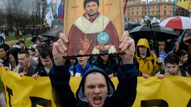 Demonstrators protest against the blocking of the popular Telegram messaging app in Russia. Picture: Olga Maltseva/AFP