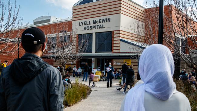 Crowds line up for testing at the Lyell McEwin Hospital COVID-19 clinic in Adelaide, South Australia, on August 3. Picture Matt Turner