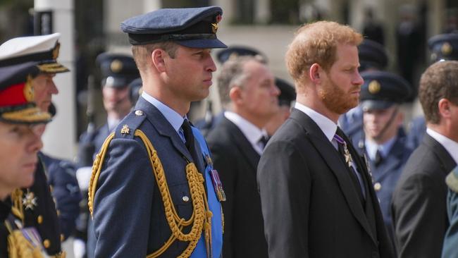 Prince William and Prince Harry walk behind the coffin of Queen Elizabeth II as it is pulled on a gun carriage through the streets of London following her funeral service. Picture: Getty Images