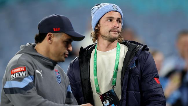 SYDNEY, AUSTRALIA - JULY 12: Nicho Hynes looks on ahead of game three of the State of Origin series between New South Wales Blues and Queensland Maroons at Accor Stadium on July 12, 2023 in Sydney, Australia. (Photo by Brendon Thorne/Getty Images)