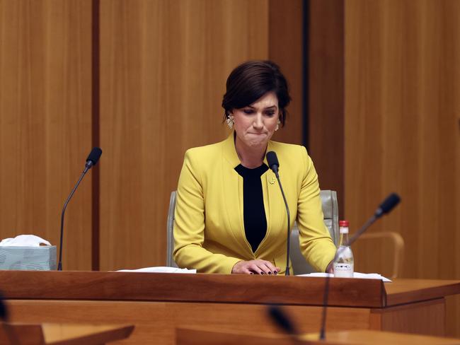 An upset Nicole Flint spoke of the ongoing abuse, when she read emails she had received recently while speaking in the Federation Chamber, in Parliament House in Canberra. Picture: Gary Ramage