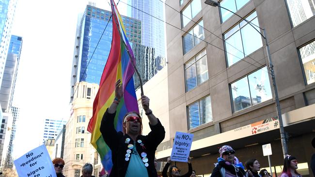 Protesters marching in Melbourne against religious discrimination laws. Picture: AAP