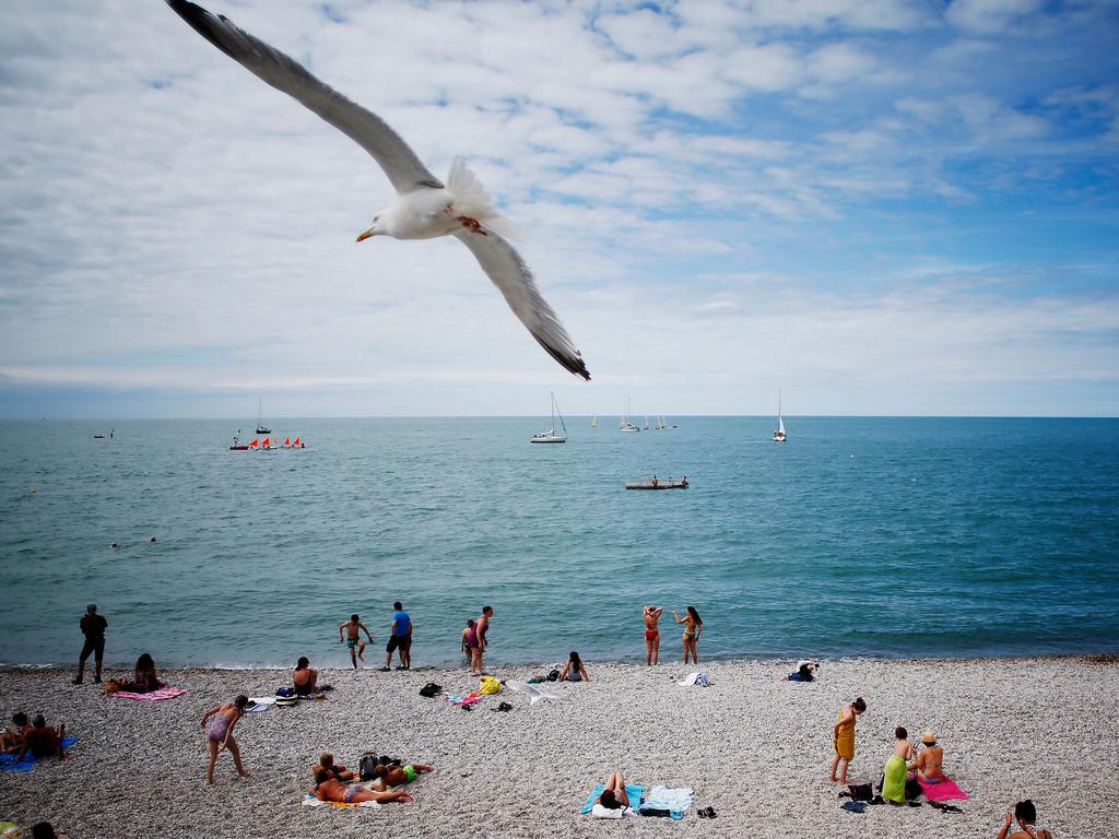 A seagull flies over beachgoers on the coast at Étretat, north-western France on July 17, 2018. / AFP PHOTO / CHARLY TRIBALLEAU