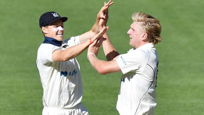 Wil Parker and Will Sutherland celebrate a wicket for Victoria.