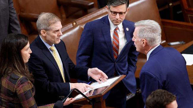 Elise Stefanik (D-NY), Rep. Jim Jordan (R-OH), Rep. Mike Johnson (R-LA) and House Minority Leader Kevin McCarthy (R-CA) talk as the House of Representatives holds their vote for Speaker of the House. Picture: Getty Images via AFP.