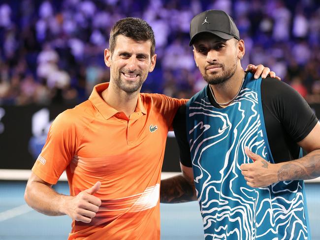 MELBOURNE, JANUARY 13, 2023: Nick Kyrgios and Novak Djokovic meet on Rod Laver Arena for the Arena Showdown, the finale of the Australian OpenÃs Perfect Practice series. Picture: Mark Stewart