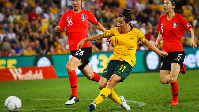 Australia’s Lisa De Vanna fires in a shot against South Korea in Brisbane on Sunday. Picture: AFP