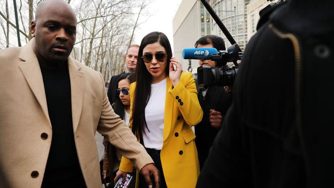 Emma Aispuro, wife of Joaquin Guzman, exits the US District Court in New York on Monday.