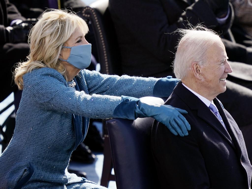 First Lady Dr Jill Biden comforts her husband US President Joe Biden after he delivered his inaugural address. Picture: Drew Angerer/Getty Images