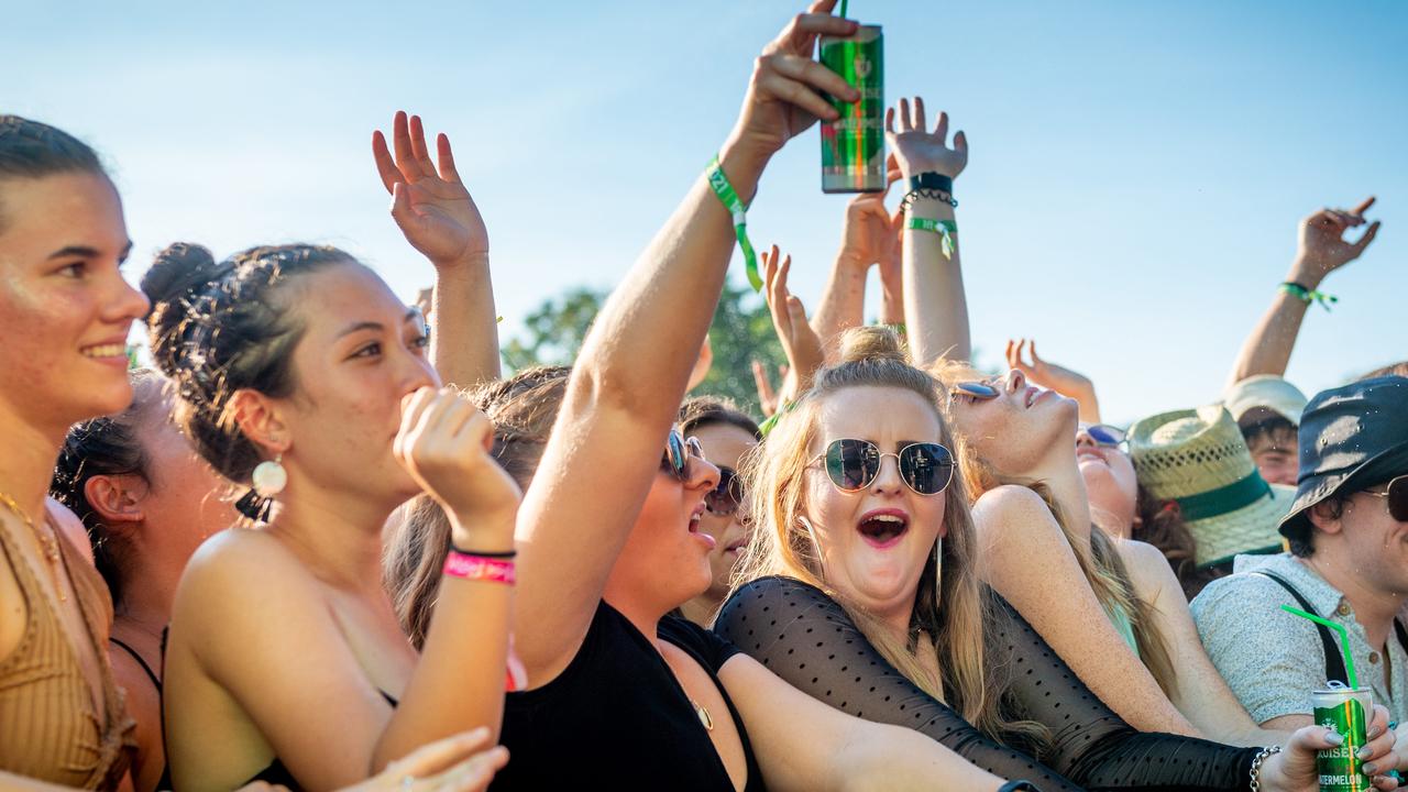 A happy punter front row at BASSINTHEGRASS 2021. Picture: Che Chorley