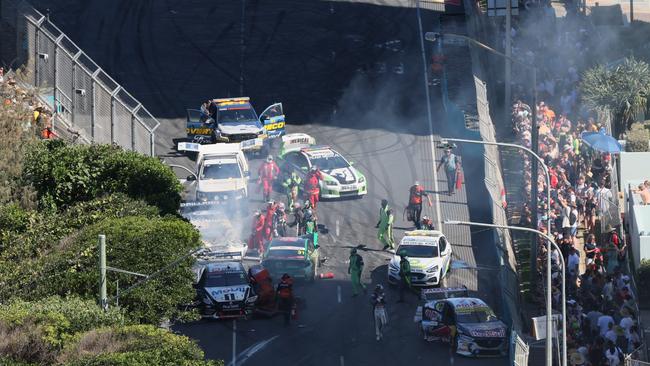 Massive crash at GC500 Supercars due to 'unsafe' tire bundles that drivers wanted removed. Picture: Supercars Communications.