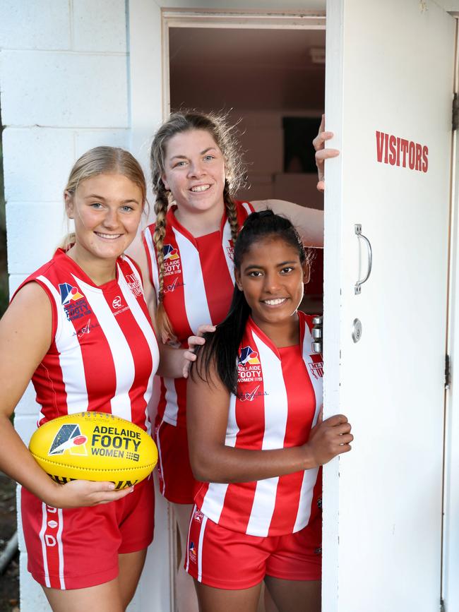 Female footy players Kate Chapman, Lucy Northcott, and Hannah Douglas-Hill are excited about the planned upgrade. Picture Dean Martin