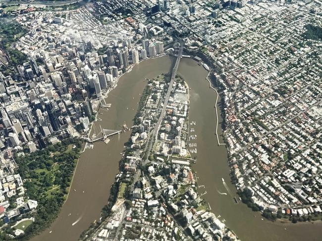 MAROON MOMENT: An aerial view of Brisbane on a Saturday morning. Picture: Tara Croser.