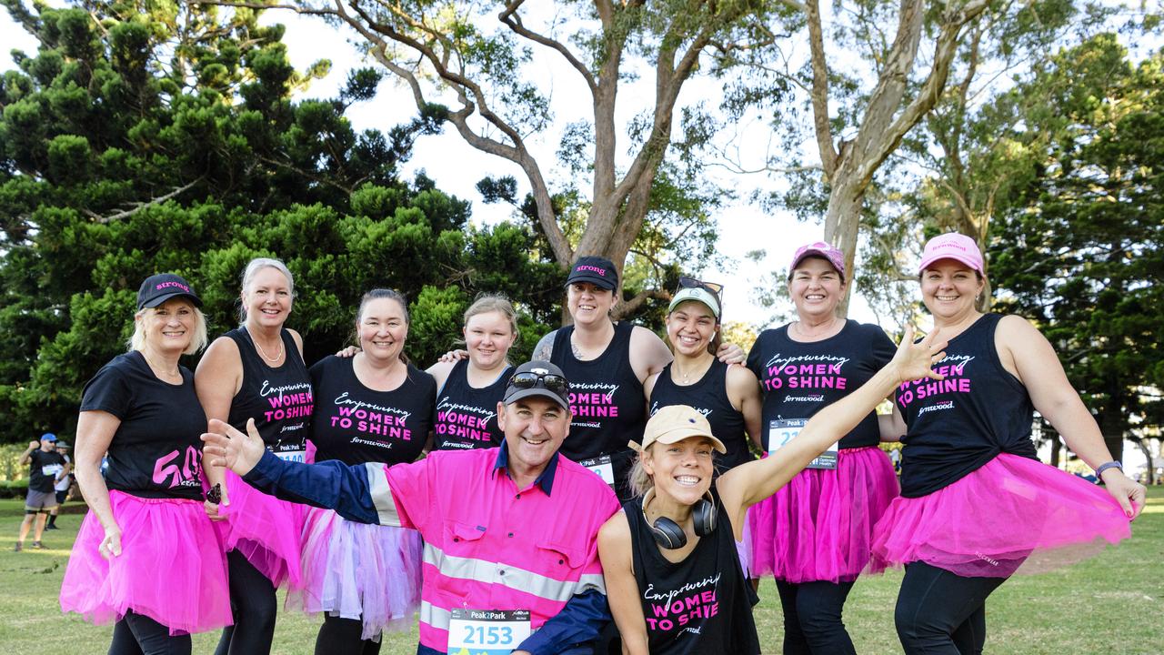 Members of team Fernwood Toowoomba, (front) Colin Long and Stephanie Fitzpatrick and (back, from left) Wendy Horne, Amanda Duquemin, Karen Matthey, Aryahna Matthey, Kayla Smith, Rachel Menkins, Kathy Long and Lenice Jahnke get ready for the 4km event of Peak2Park, Sunday, March 2, 2025. Picture: Kevin Farmer